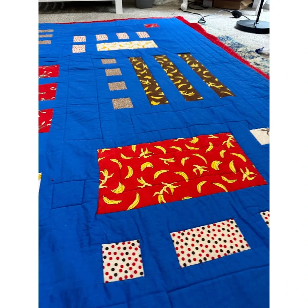 Large Handmade Sock Monkey Patchwork Quilt Blue Red Banana Theme Throw Blanket